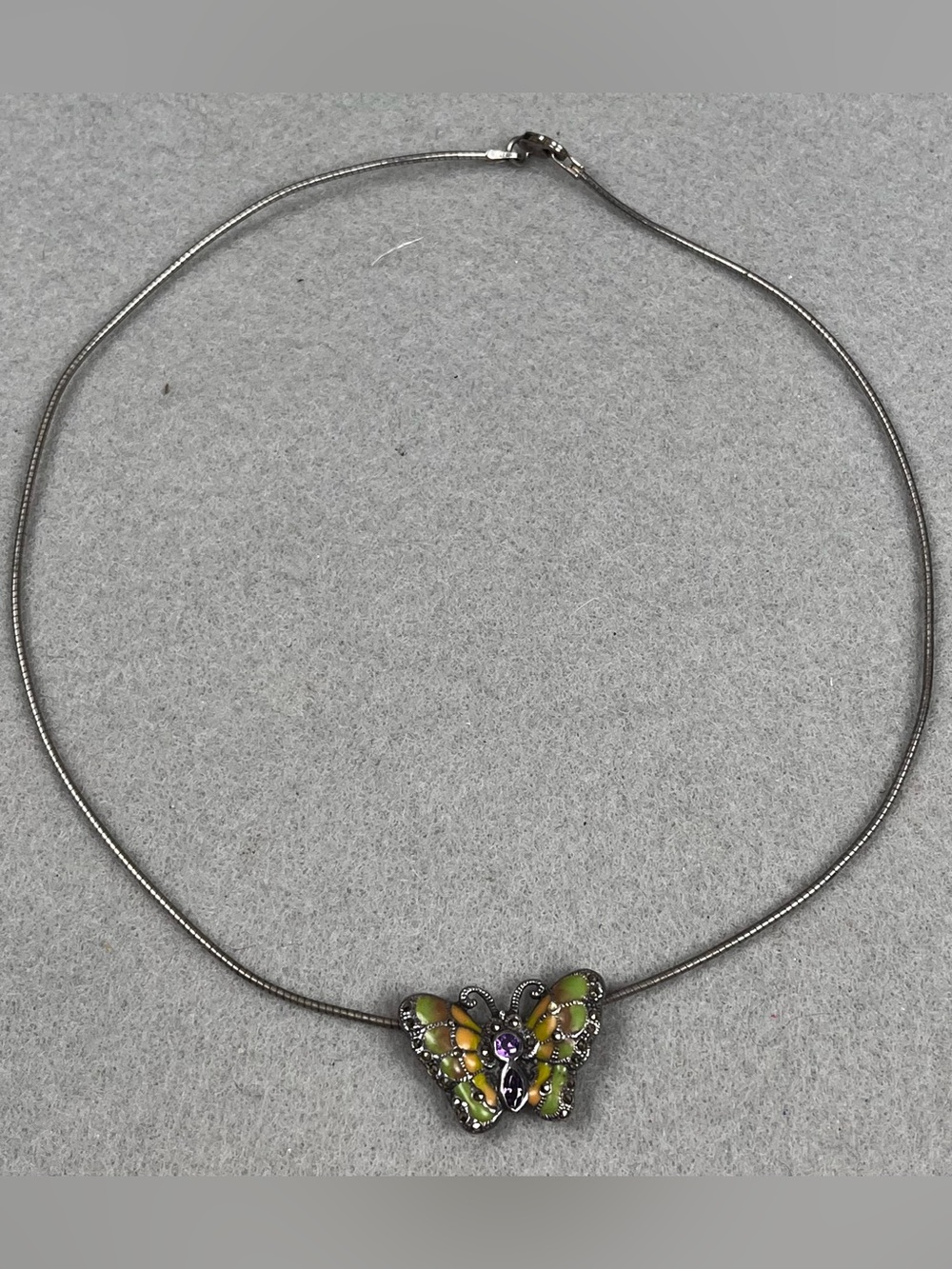 Vintage 90s Sterling Silver Amethyst Stone Butterfly Collar Choker Necklace 15”